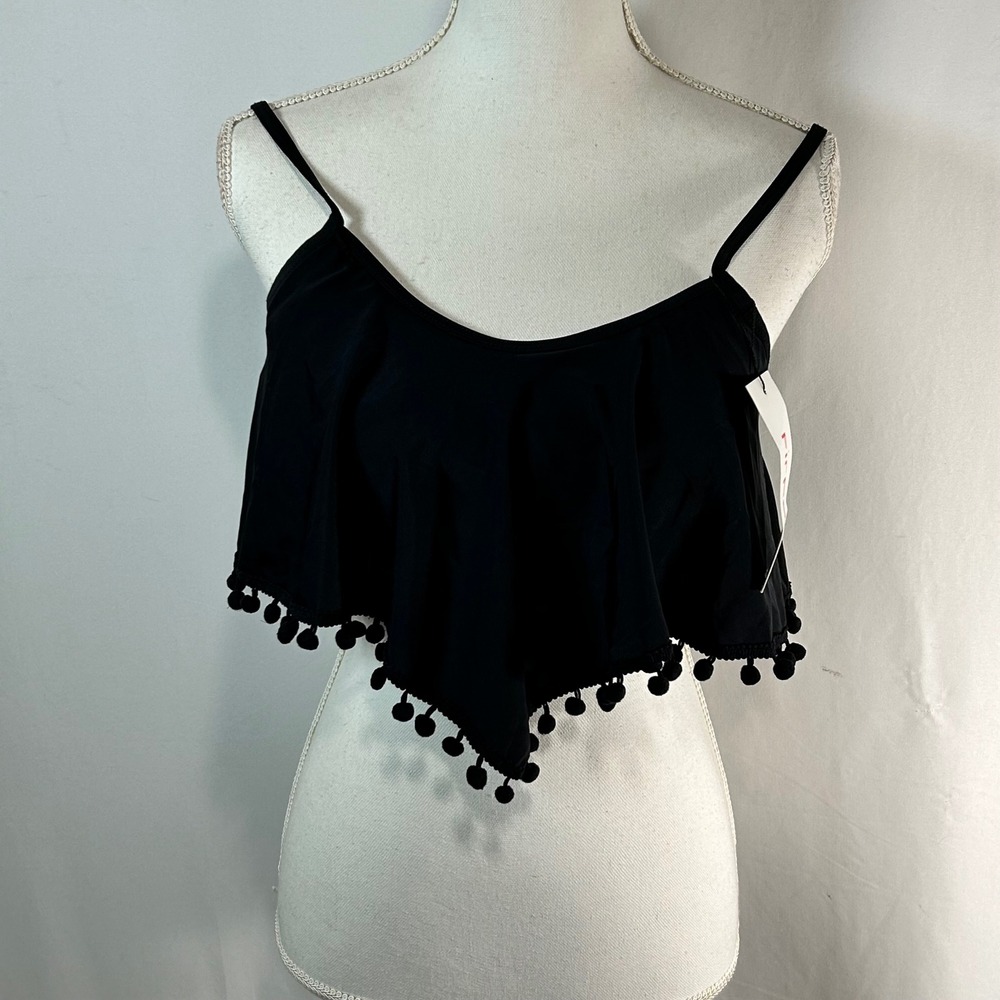 Firepearl Black Pom Pom Ruffle Crop Top Bikini Swim Top Beach‎ Resort Small